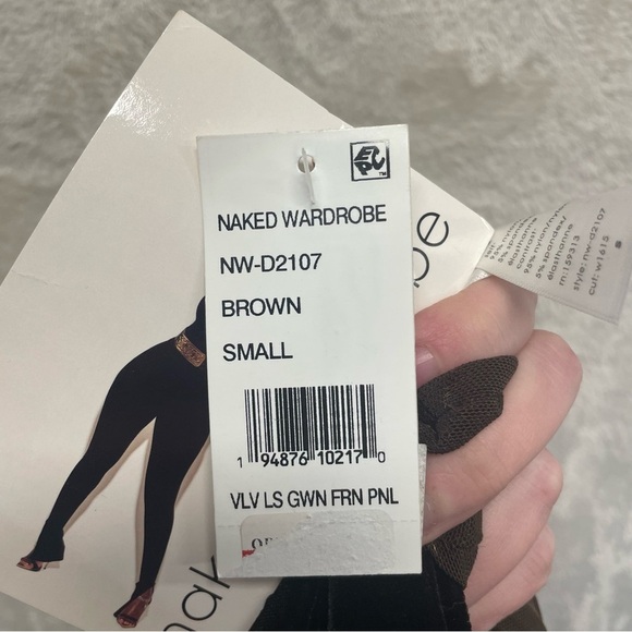 Naked Wardrobe long-sleeve brown Velvet dress sheer sides women’s small New - Picture 9 of 10